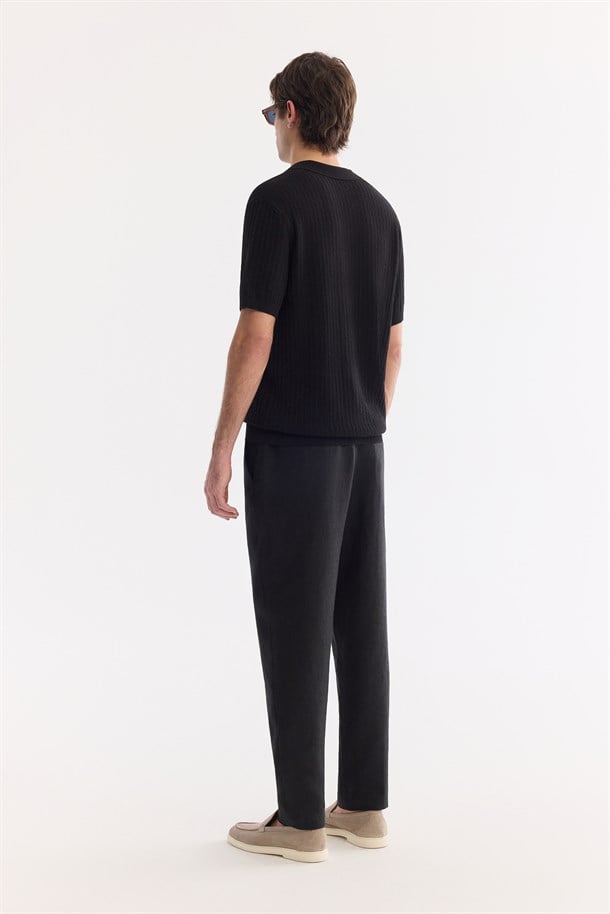 Siyah Polo Yaka Düğmesiz Soft Touch Triko T-Shirt