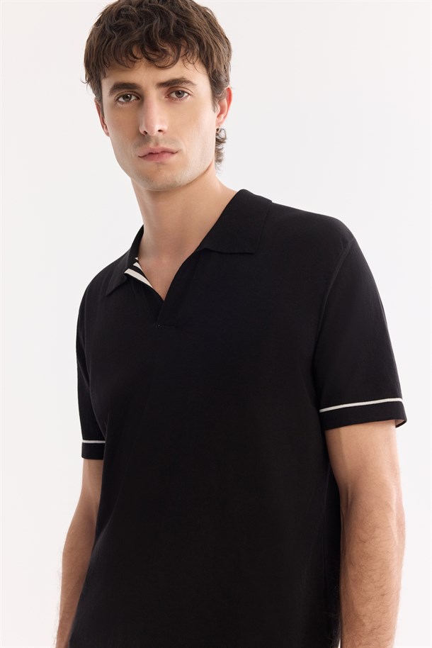 Siyah Polo Yaka Düğmesiz %100 Pamuk Triko T-Shirt