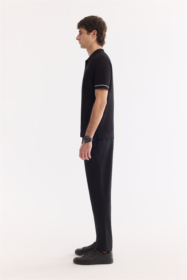 Siyah Polo Yaka Düğmesiz %100 Pamuk Triko T-Shirt