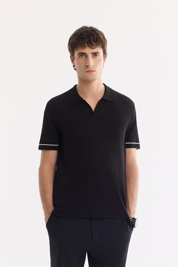 Siyah Polo Yaka Düğmesiz %100 Pamuk Triko T-Shirt