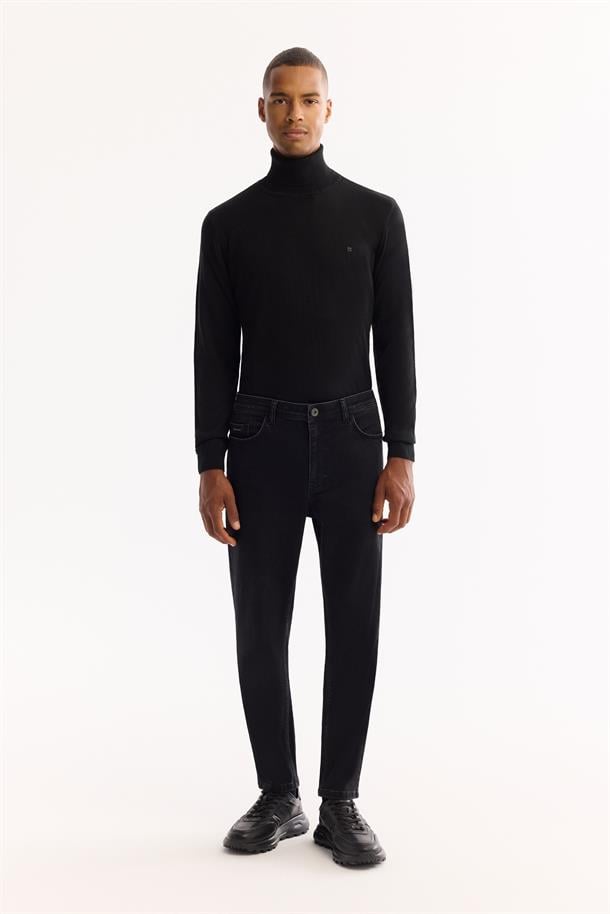 Siyah Klasik Bel Pamuklu Eskitme Yıkmalı Jean Pantolon