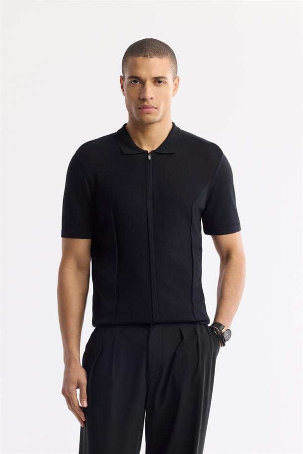 Siyah Polo Yaka Dokulu Rayon Triko T-Shirt