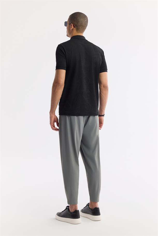 Siyah Polo Yaka Jakarlı Elastan T-Shirt