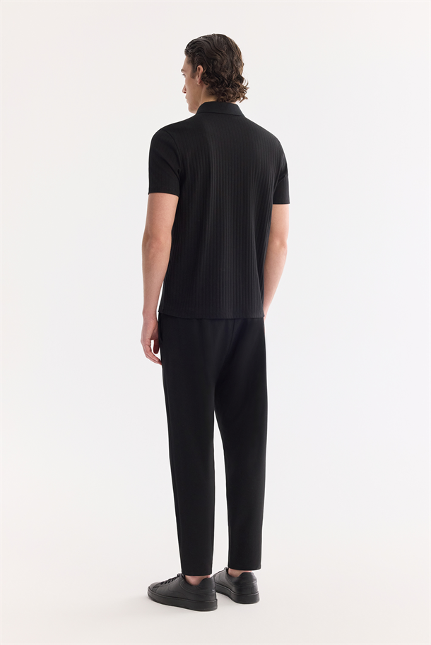 Siyah Kıvrılmaz Polo Yaka Fermuarlı %100 Pamuk Basic T-Shirt