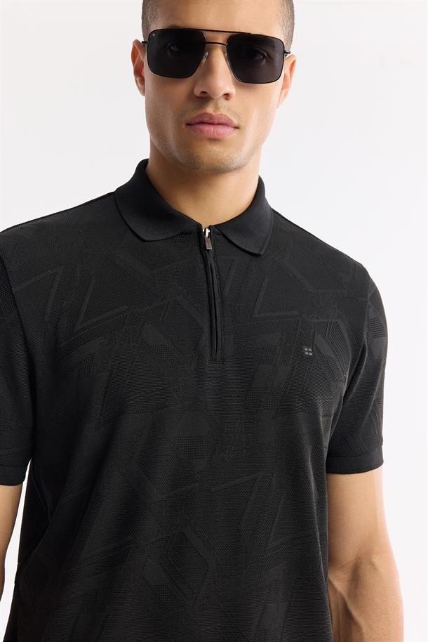 Siyah Polo Yaka Jakarlı Elastan T-Shirt