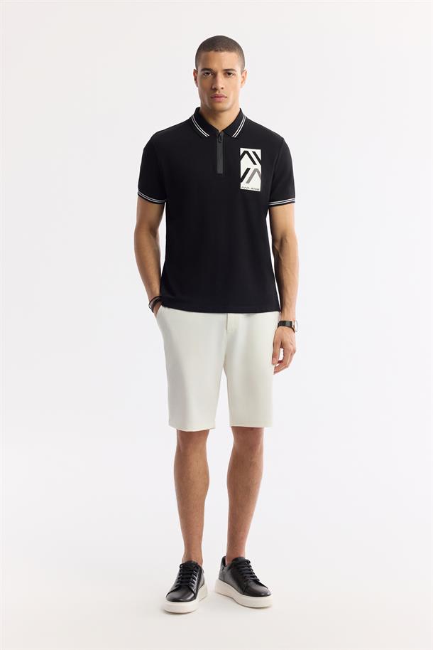 Siyah Polo Yaka Baskılı %100 Pamuk T-Shirt
