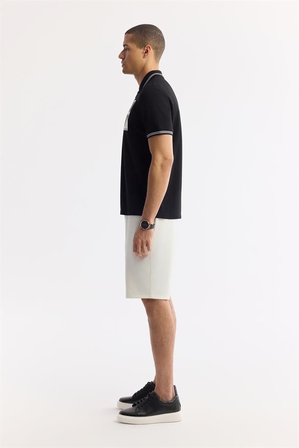 Siyah Polo Yaka Baskılı %100 Pamuk T-Shirt