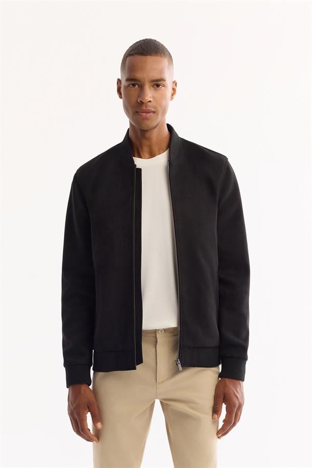 Siyah Bomber Yaka Süet Dokulu Mevsimlik Mont