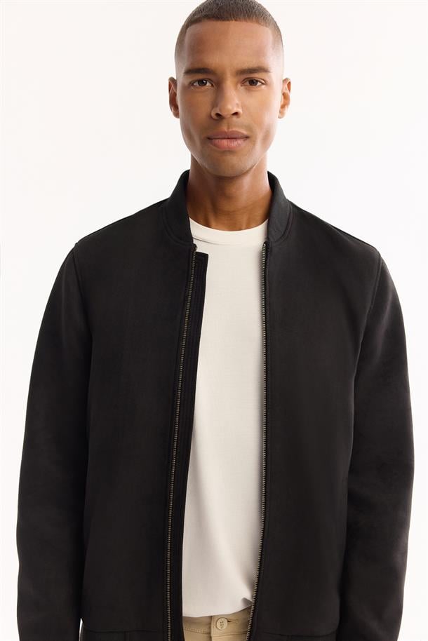 Siyah Bomber Yaka Süet Dokulu Mevsimlik Mont