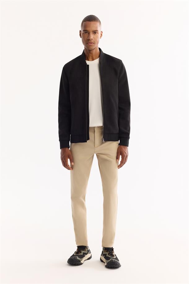 Siyah Bomber Yaka Süet Dokulu Mevsimlik Mont