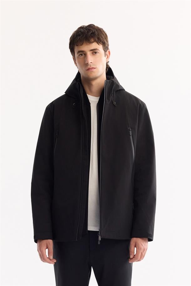 Siyah Kapüşonlu Fonksiyonel Çift Kullanımlı Su İtici Rüzgar Geçirmez Mevsimlik Mont