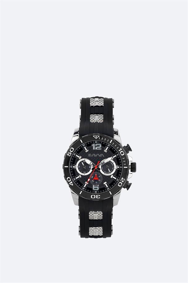 Siyah - Gümüş Hediye Kutulu Silikon Kordonlu Kol Saati