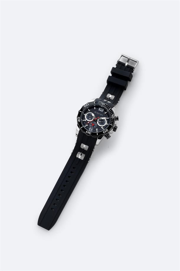 Siyah - Gümüş Hediye Kutulu Silikon Kordonlu Kol Saati