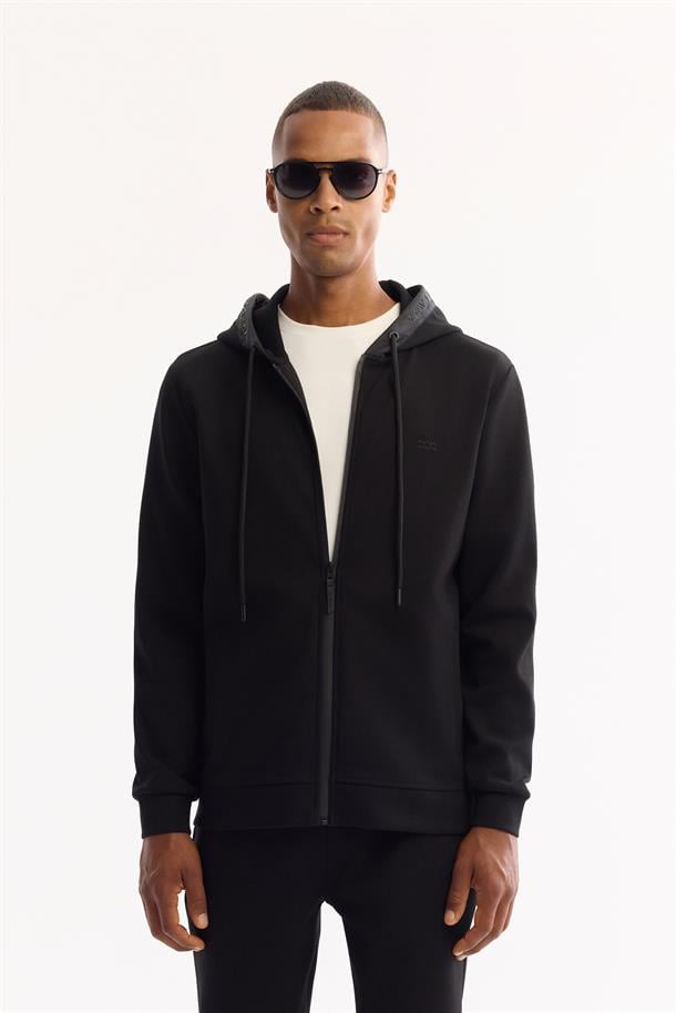 Siyah Kapüşonlu Yaka Fermuarlı Kolay Ütülenen Bi-Stretch Sweatshirt