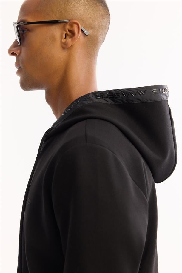 Siyah Kapüşonlu Yaka Fermuarlı Kolay Ütülenen Bi-Stretch Sweatshirt