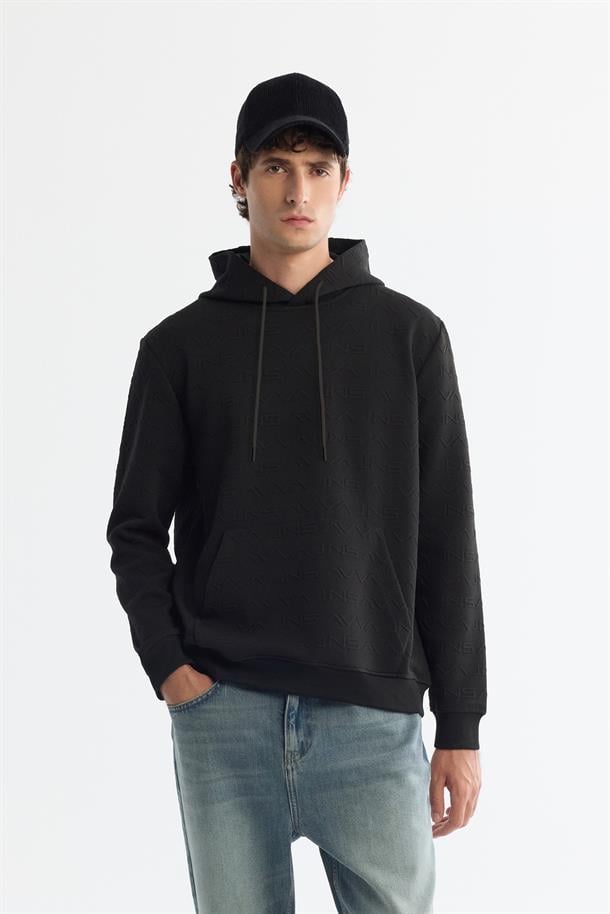 Siyah Kapüşonlu Baskılı Elastan Sweatshirt