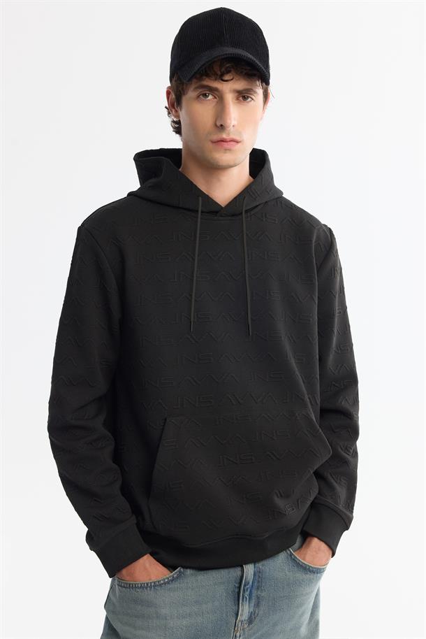 Siyah Kapüşonlu Baskılı Elastan Sweatshirt