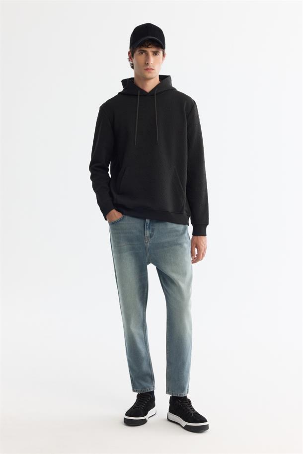 Siyah Kapüşonlu Baskılı Elastan Sweatshirt