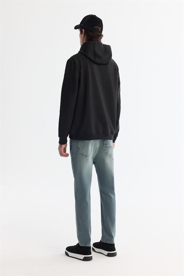 Siyah Kapüşonlu Baskılı Elastan Sweatshirt