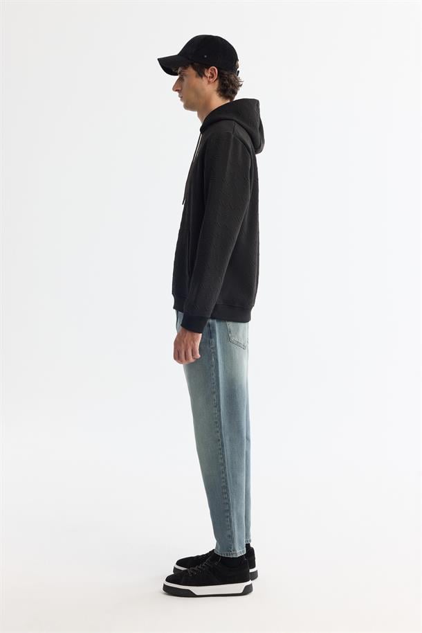 Siyah Kapüşonlu Baskılı Elastan Sweatshirt