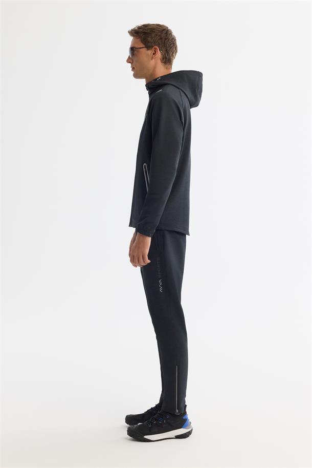 Siyah Kapüşonlu Fermuarlı Elastan Sweatshirt