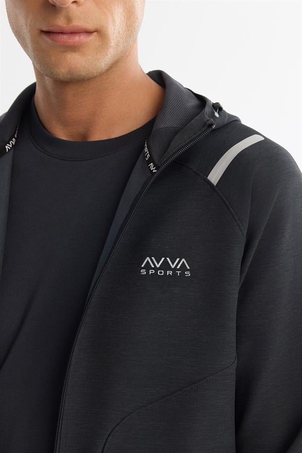 Siyah Kapüşonlu Fermuarlı Elastan Sweatshirt