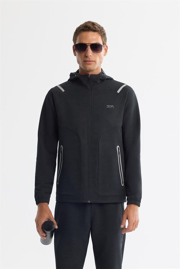 Siyah Kapüşonlu Fermuarlı Elastan Sweatshirt