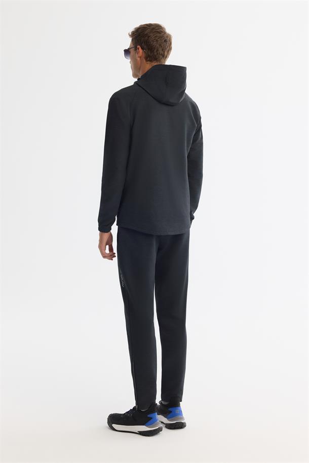 Siyah Kapüşonlu Fermuarlı Elastan Sweatshirt