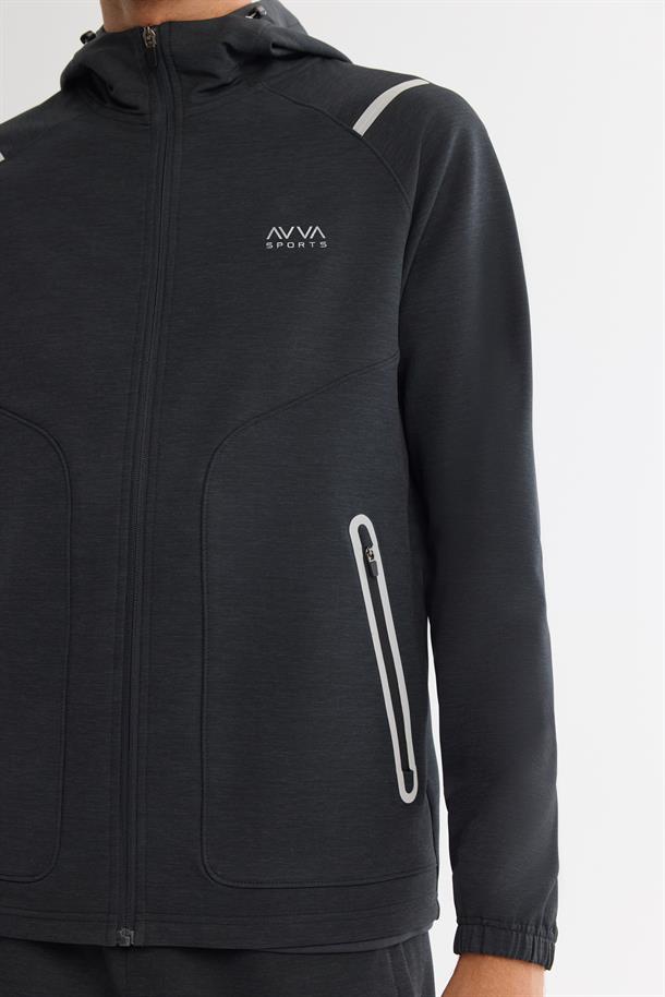 Siyah Kapüşonlu Fermuarlı Elastan Sweatshirt