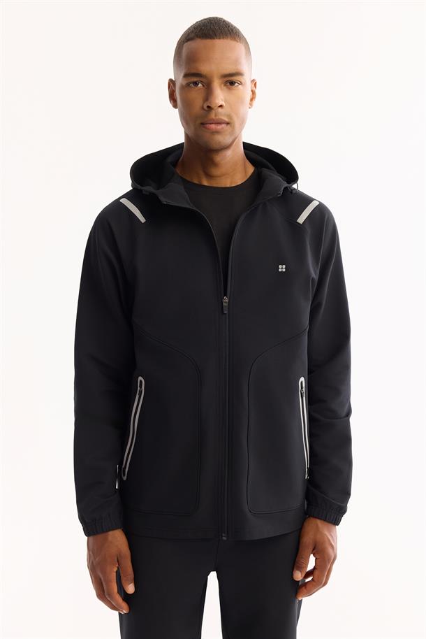 Siyah Kapüşonlu Fermuarlı Bi-Stretch Sweatshirt