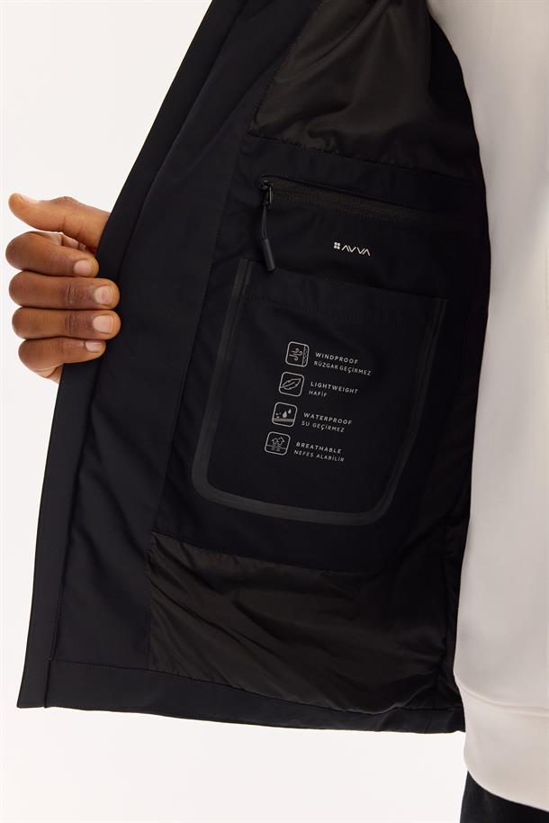 Siyah Kapüşonlu Su İtici Rüzgar Geçirmez Hafif Mevsimlik Mont