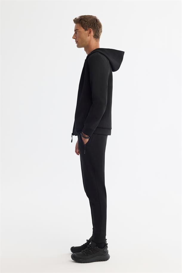 Siyah Kapüşonlu İnterlok Kumaş Fermuarlı Basic Sweatshirt