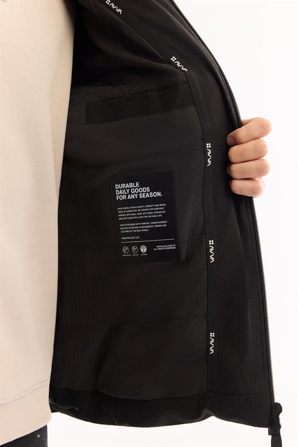 Siyah Kapüşonlu Su İtici Rüzgar Geçirmez -7 Dereceye Dayanıklı Şişme Mont