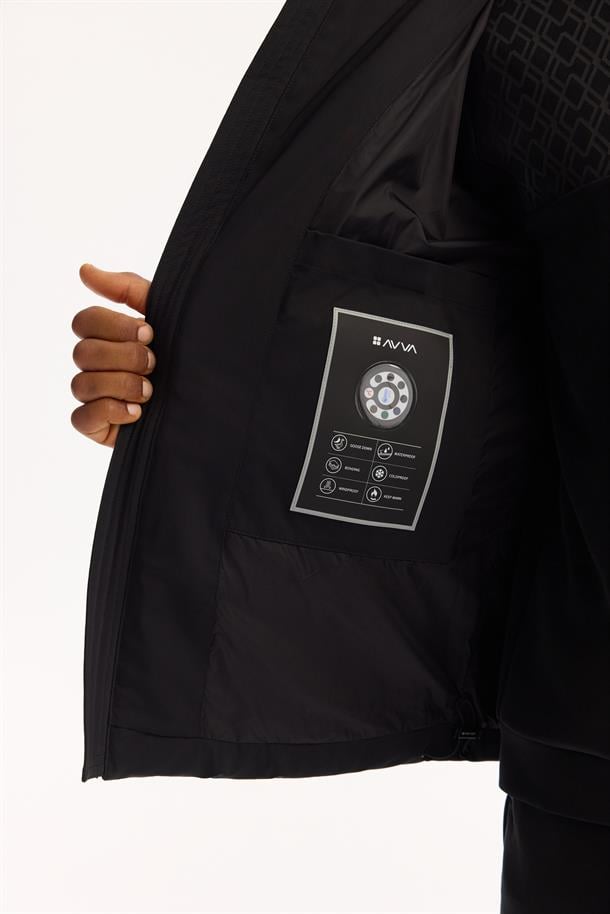 Siyah Kapüşonlu Kaz Tüyü Su İtici Rüzgar Geçirmez -10 Dereceye Dayanıklı Şişme Mont