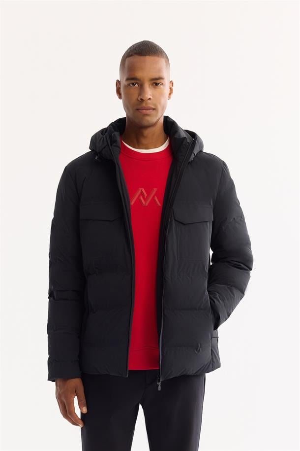 Siyah Kapüşonlu %100 Kaz Tüyü Su İtici Rüzgar Geçirmez -7 Dereceye Dayanıklı Şişme Mont