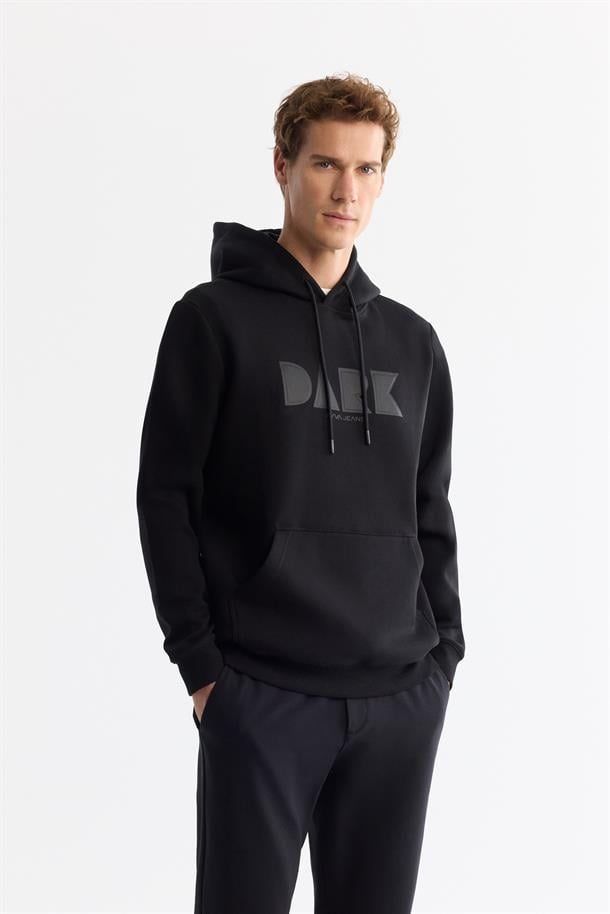 Siyah Kapüşonlu Pamuklu Baskılı Elastan Sweatshirt