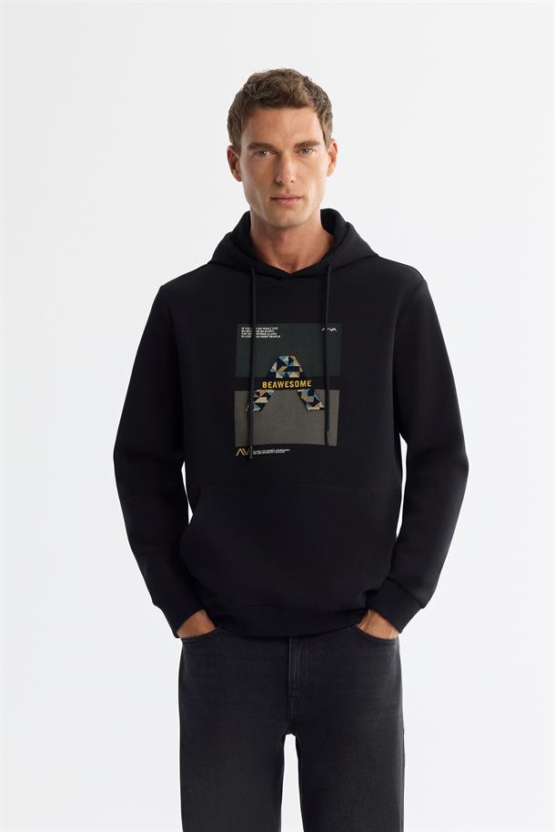 Siyah Kapüşonlu Pamuklu Baskılı Elastan Sweatshirt
