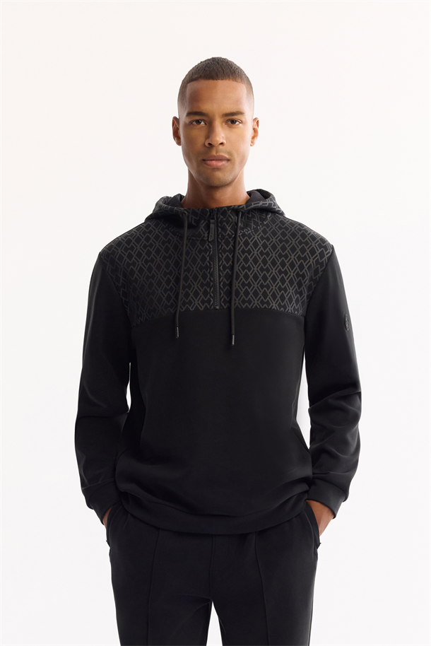Siyah Kapüşonlu İçi Şardonlu Soft Touch Baskılı Sweatshirt