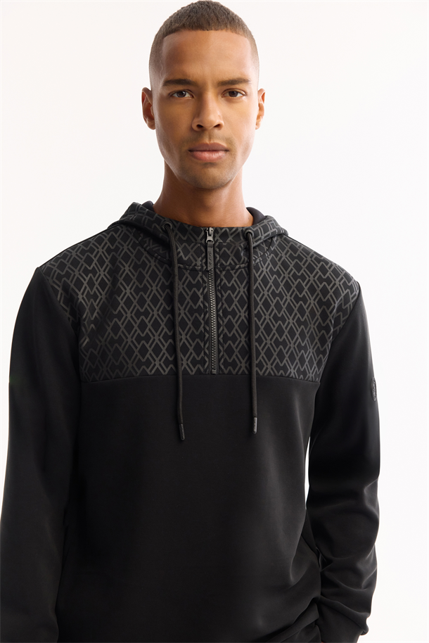 Siyah Kapüşonlu İçi Şardonlu Soft Touch Baskılı Sweatshirt