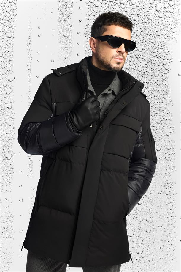 Siyah Kapüşonlu Su İtici Rüzgar Geçirmez -10 Dereceye Dayanıklı Uzun Şişme Mont