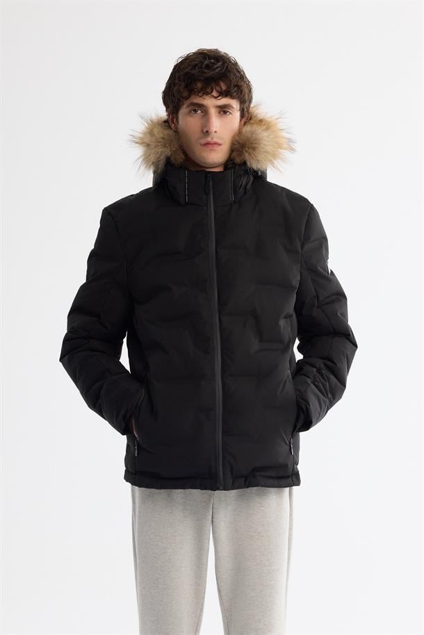 Black Hooded Goose Down Puffer Jacket