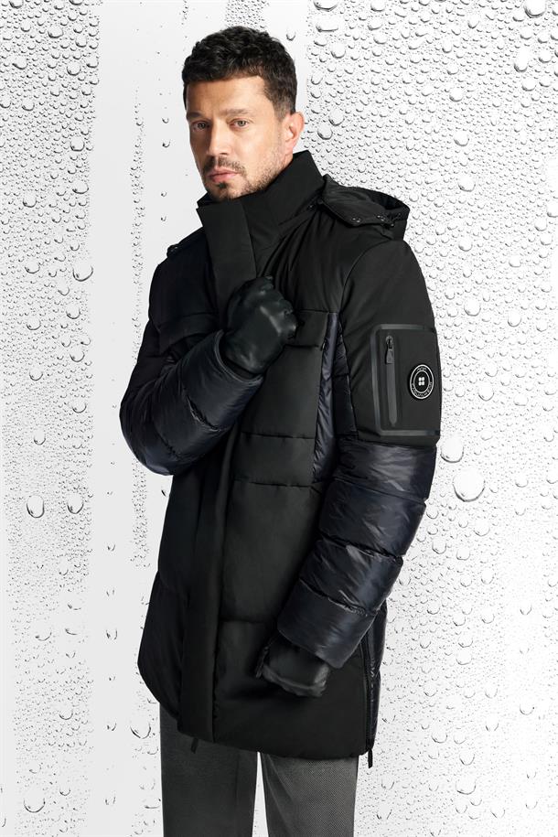 Siyah Kapüşonlu Su İtici Rüzgar Geçirmez -10 Dereceye Dayanıklı Uzun Şişme Mont