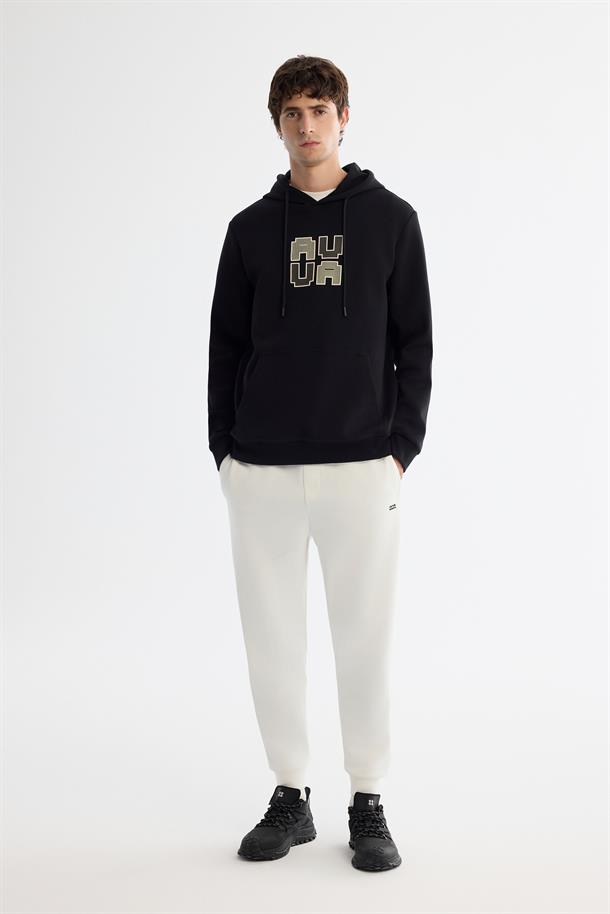 Siyah Kapüşonlu Pamuklu Baskılı Elastan Sweatshirt