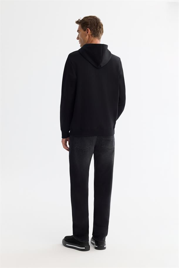 Siyah Kapüşonlu Pamuklu Baskılı Elastan Sweatshirt