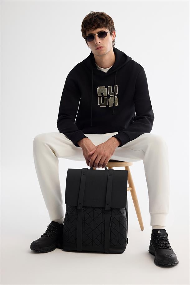 Siyah Kapüşonlu Pamuklu Baskılı Elastan Sweatshirt