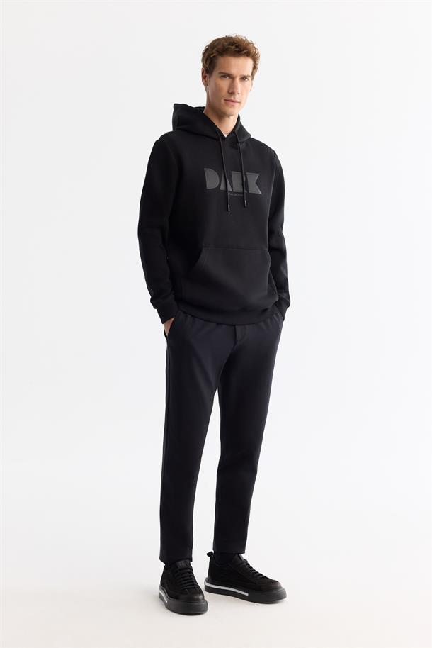 Siyah Kapüşonlu Pamuklu Baskılı Elastan Sweatshirt