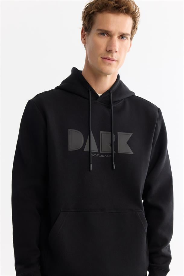 Siyah Kapüşonlu Pamuklu Baskılı Elastan Sweatshirt