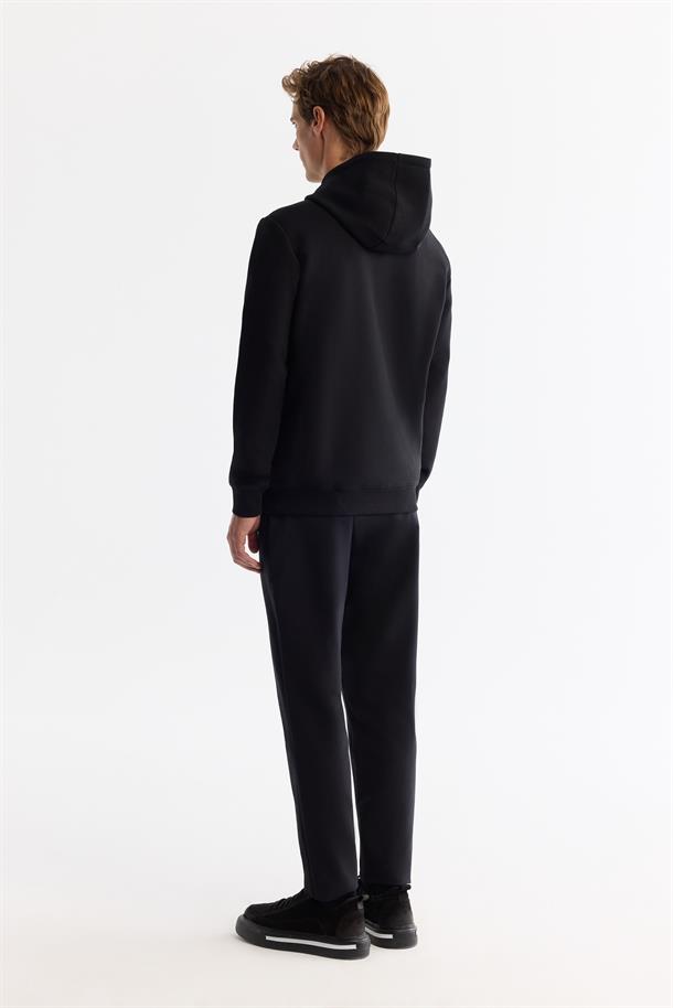 Siyah Kapüşonlu Pamuklu Baskılı Elastan Sweatshirt