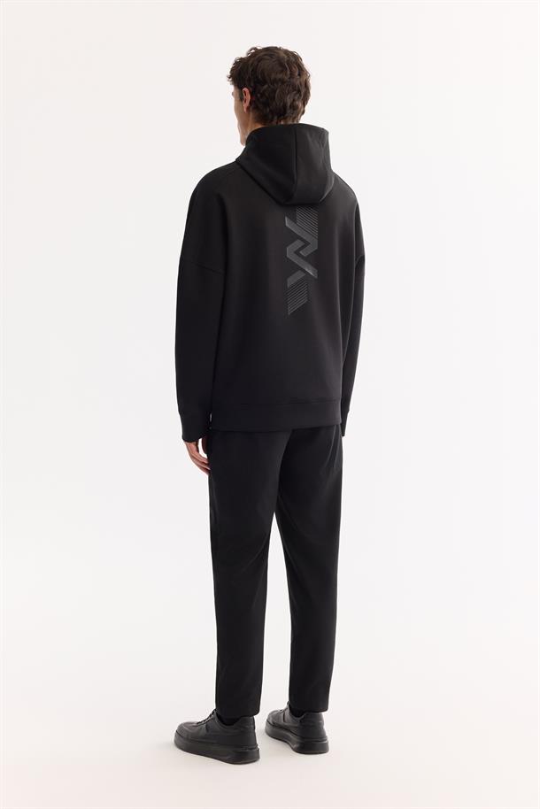 Siyah Bisiklet Yaka Kolay Ütülenen Bi-Stretch Baskılı Sweatshirt