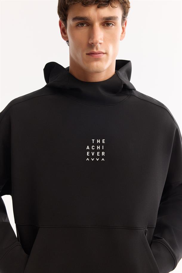 Siyah Bisiklet Yaka Kolay Ütülenen Bi-Stretch Baskılı Sweatshirt